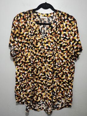 Notations Black Short Sleeve Top with Yellow, Orange & White Dot Print